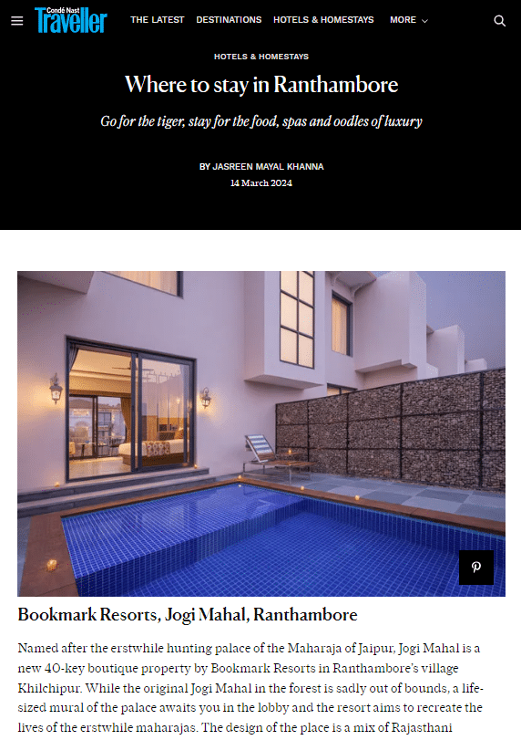 Bookmark Resorts Jogi Mahal Ranthambore featured as one of the best resorts to stay in Ranthambore by Condé Nast Traveller Bookmark Resorts Jogi Mahal Ranthambore featured as one of the best resorts to stay in Ranthambore by Condé Nast Traveller