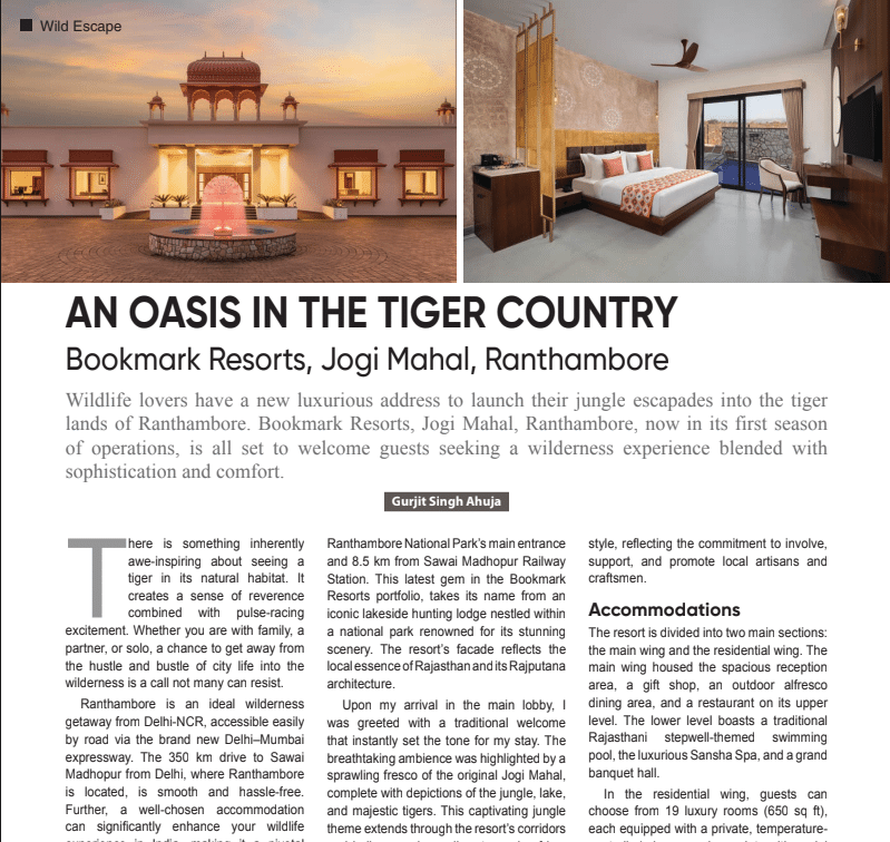 Bookmark Resorts, Jogi Mahal, Ranthambore featured as an oasis in the Tiger Country by Travel Trade Journal