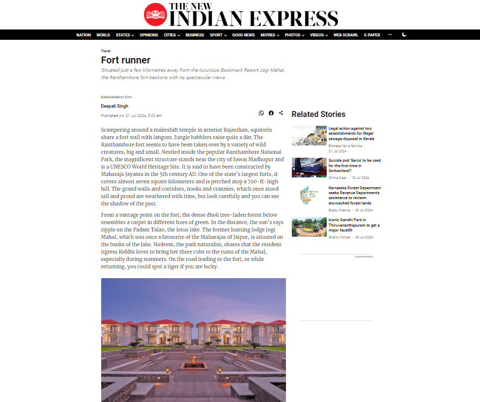 The New Indian Express featured Bookmark Resorts, Jogi Mahal, Ranthambore, as a luxurious resort just a few kilometres from the Ranthambore fort. The New Indian Express featured Bookmark Resorts, Jogi Mahal, Ranthambore, as a luxurious resort just a few kilometres from the Ranthambore fort.