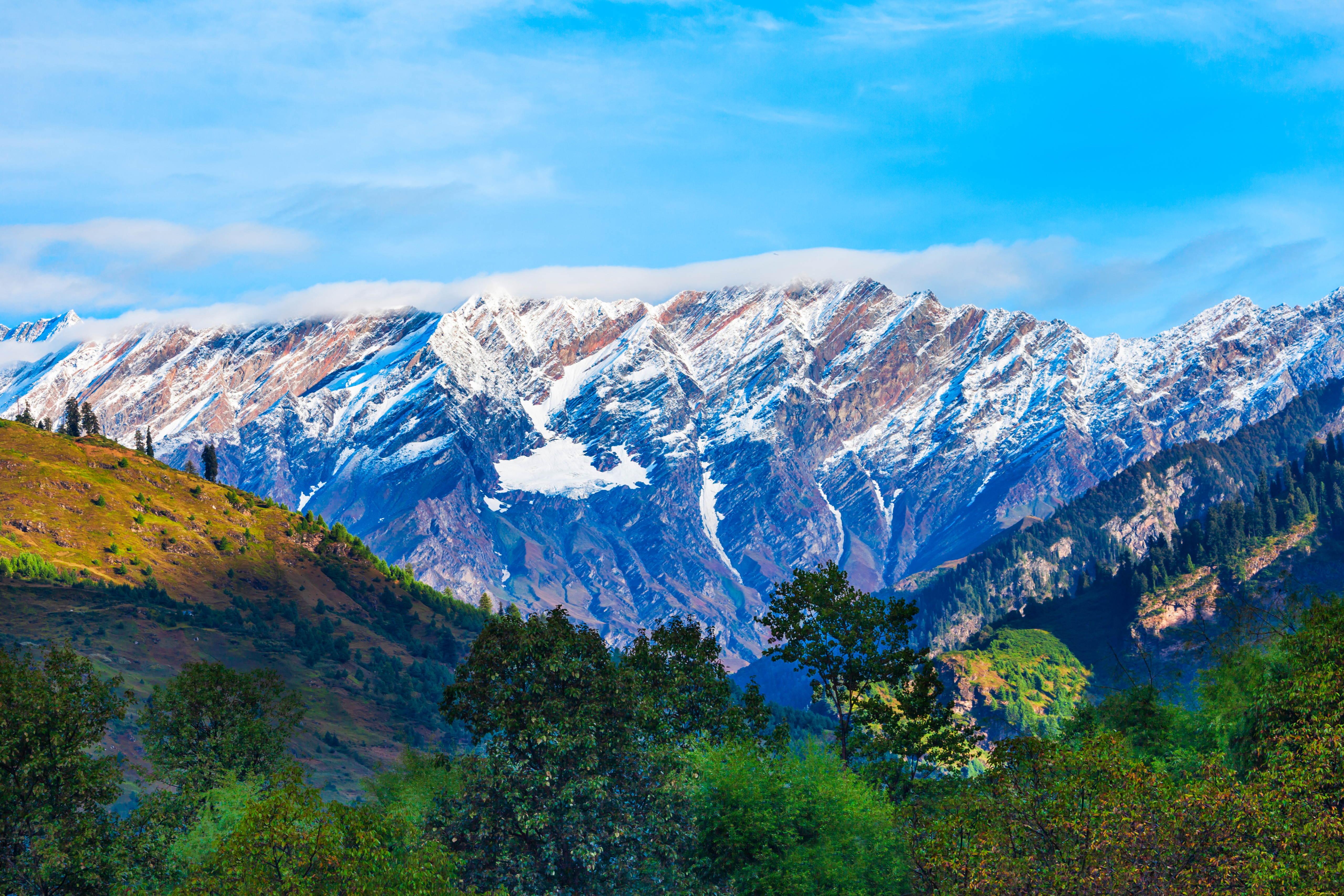 Snowy Mountain Landscape in Manali Beautiful snowy mountain landscape under a clear blue sky