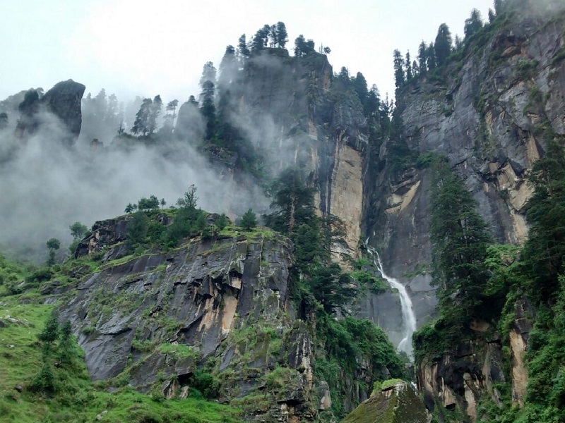Mountain Waterfall in Manali A waterfall cascading down a rocky mountain | Waterfall in Manali