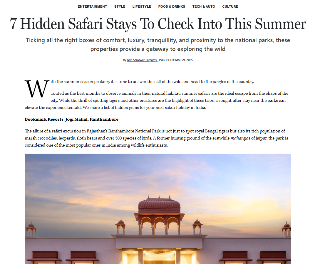 Esquire India Features Bookmark Resorts, Jogi Mahal, as One of the Top Luxury Safari Resorts in Ranthambore