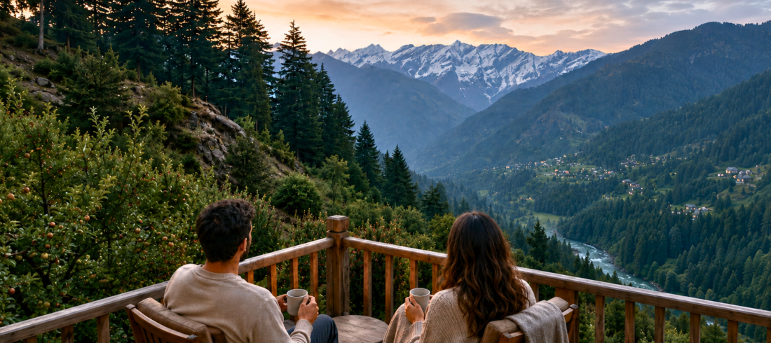 BMR – Offer Two people sit on a wooden balcony, sipping drinks, overlooking a forested valley with snow-capped mountains at sunset.