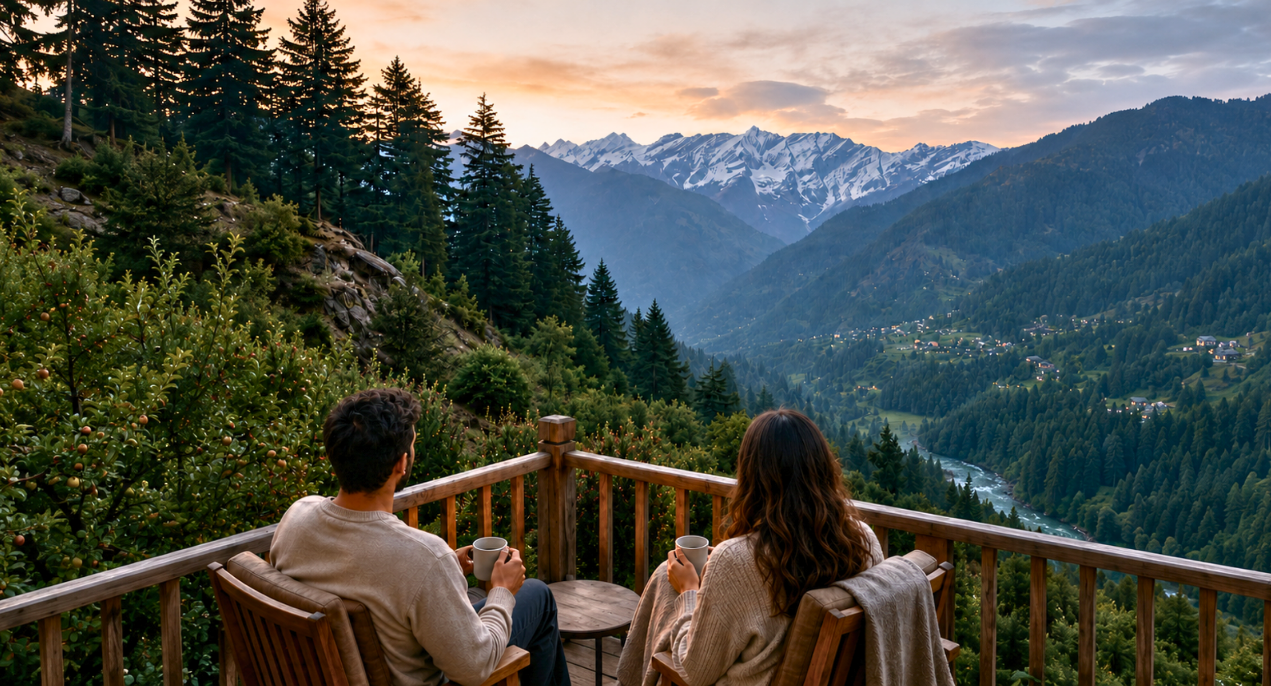 Two people sit on a wooden balcony, sipping drinks, overlooking a forested valley with snow-capped mountains at sunset.