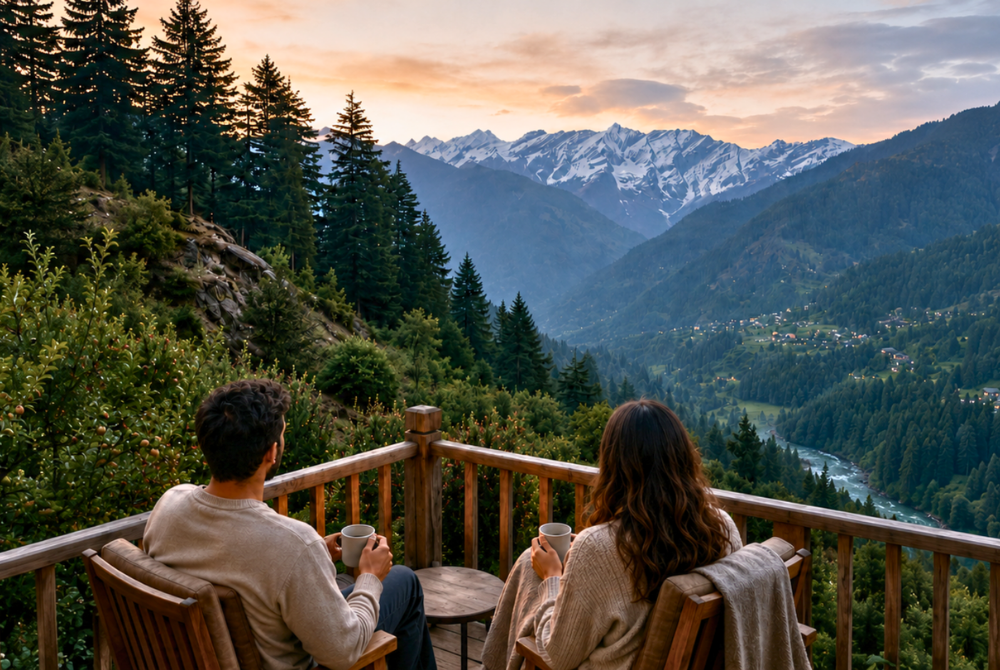 Couple sitting on a wooden balcony with mugs, overlooking a pine-filled valley and snow-capped mountains at sunset.