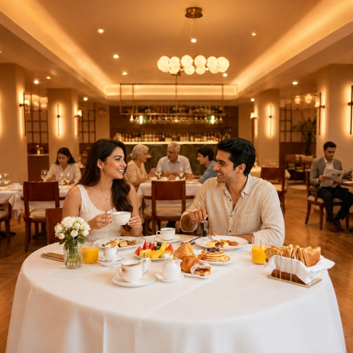 Couple dining at a sunlit restaurant table with coffee, juice, fruit and pastries, smiling at each other during breakfast.