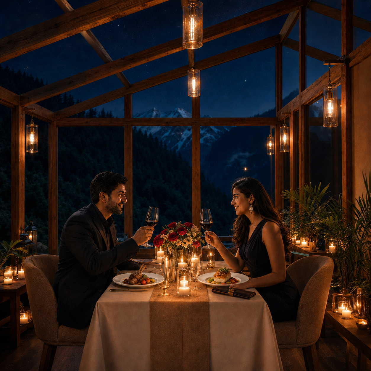 Couple toasting with wine at a candlelit dinner in a wood-framed glass room with a mountain night view.