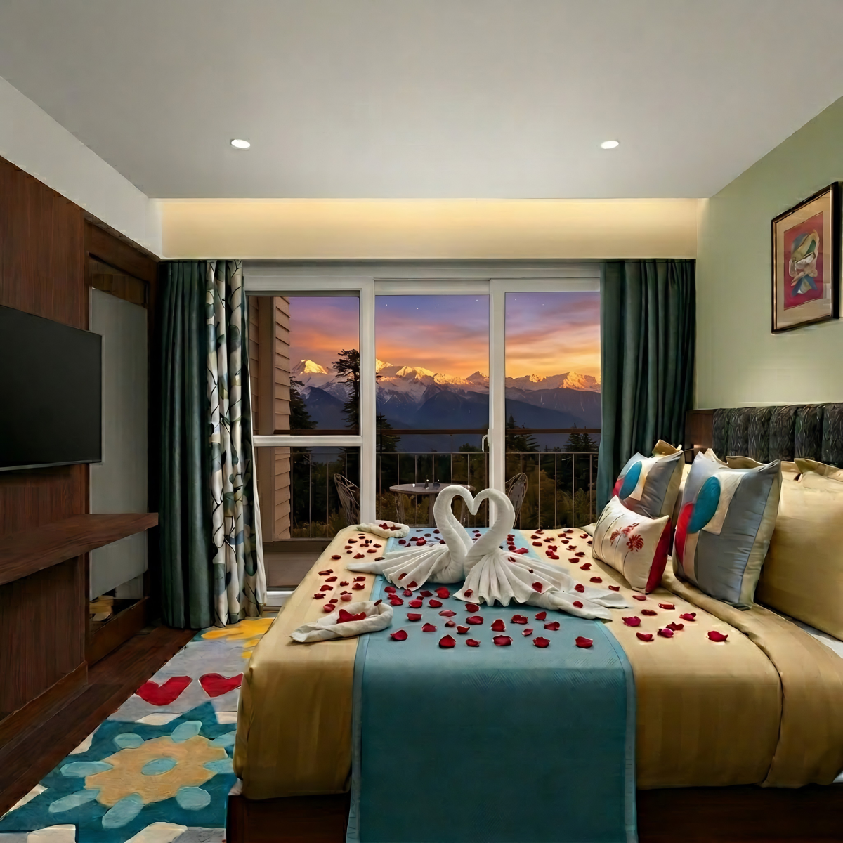 Hotel bedroom with rose petals on the bed and towel swans, sunset mountains visible through glass doors behind.