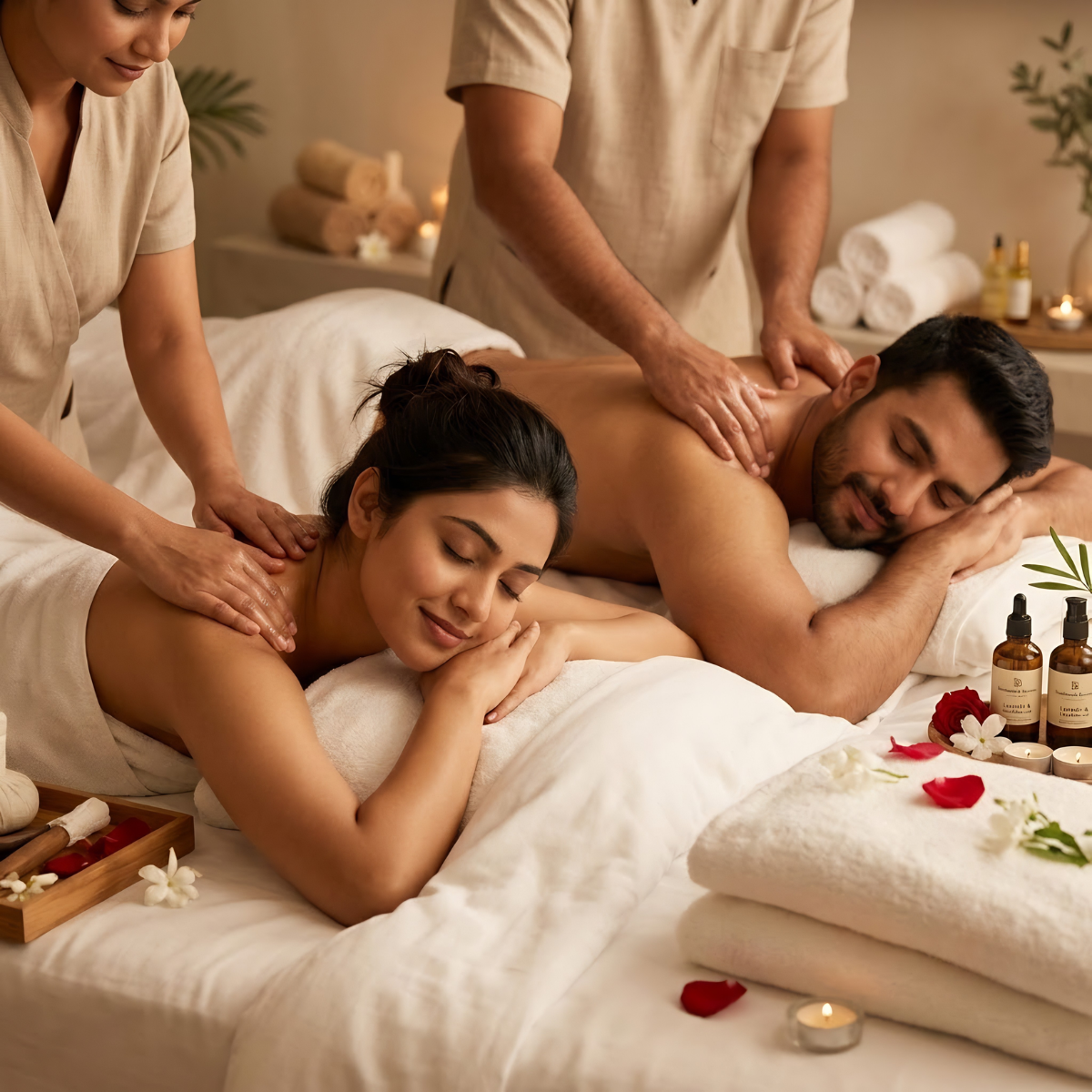 Couple getting a relaxing couples massage on massage tables with spa oils, candles, and white towels in a calm spa setting