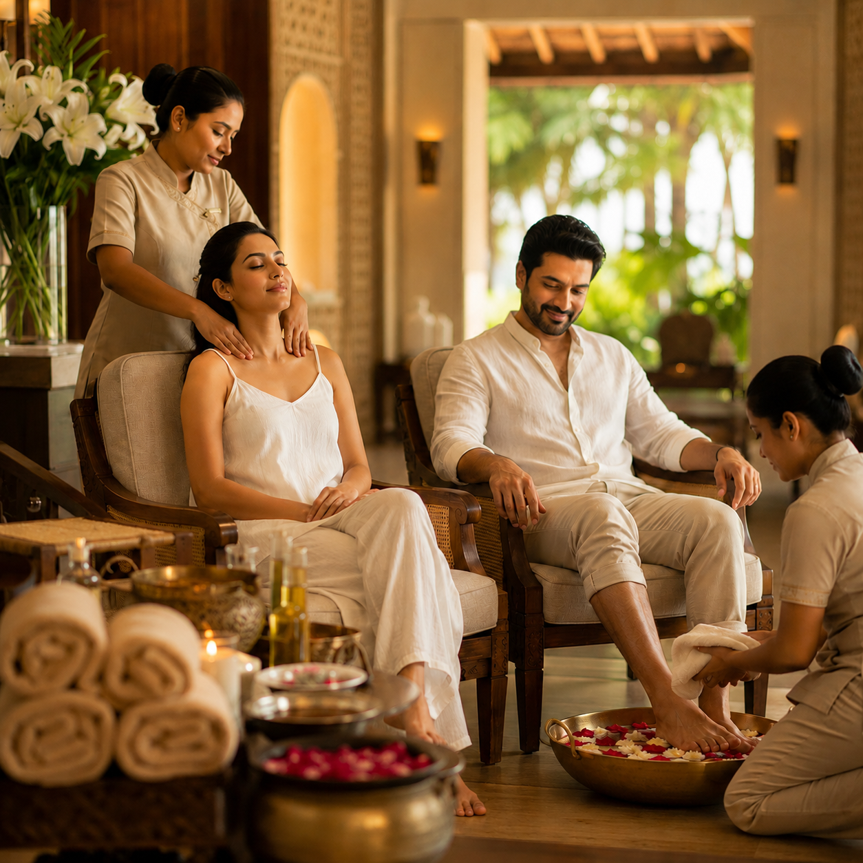 Couple enjoying a spa foot massage in a luxury lounge, therapists massaging their shoulders and feet amid warm lighting and flower decor.
