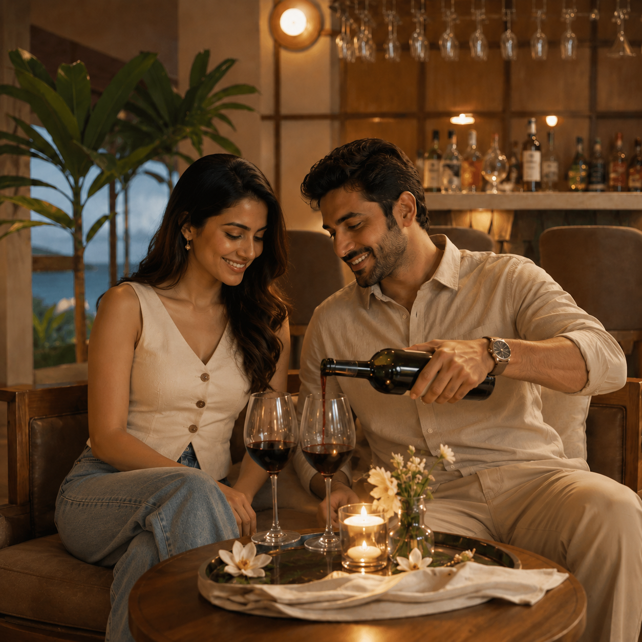 Couple enjoying a romantic wine moment in a dimly lit bar; man pours red wine for woman.