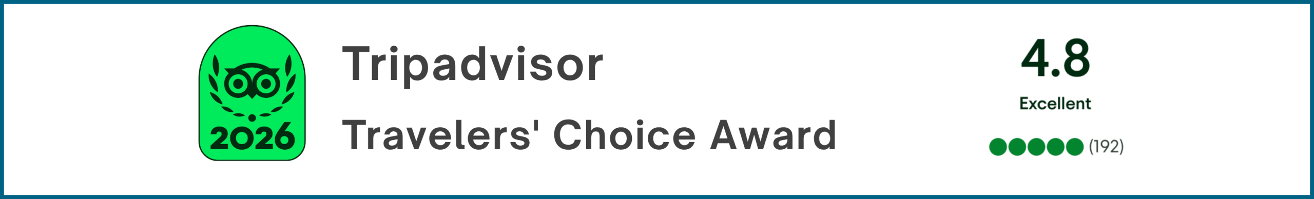 Tripadvisor 2026 Travelers' Choice Award badge with owl logo and 4.8 Excellent rating (192 reviews)