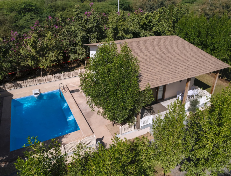Aerial view of a backyard featuring a rectangular blue pool, a brown-roofed cottage with a covered patio and white outdoor furniture among green trees and hedges.
