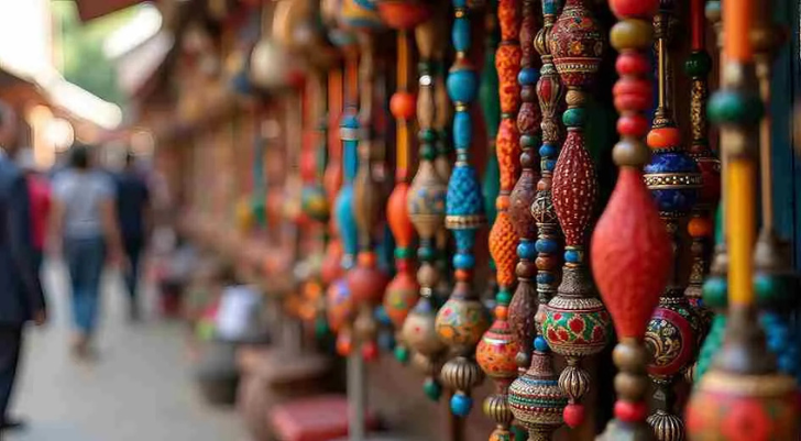 Colorful beaded necklaces and ornaments hanging in a busy market stall near blurred shoppers.
