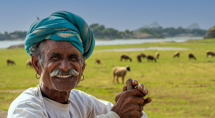 Rabari Village Tour Smiling elderly man wearing a turquoise turban and white shirt sits in a grassy field with goats grazing in the background and distant hills by the coast.