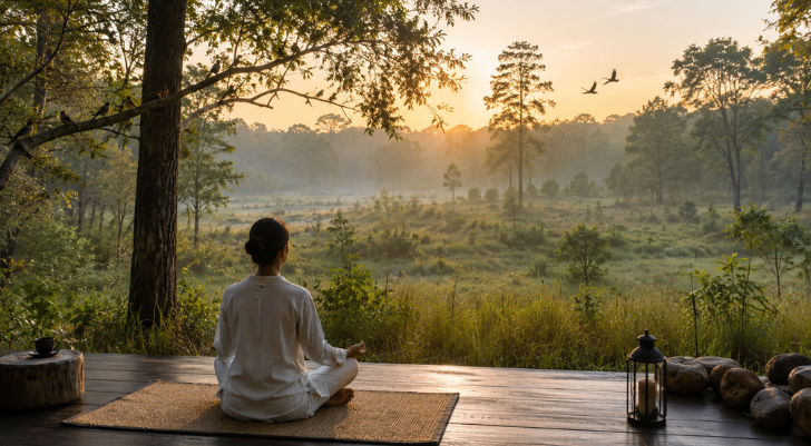 Person meditating on a mat at sunrise, seated on a wooden deck overlooking a misty forest.",