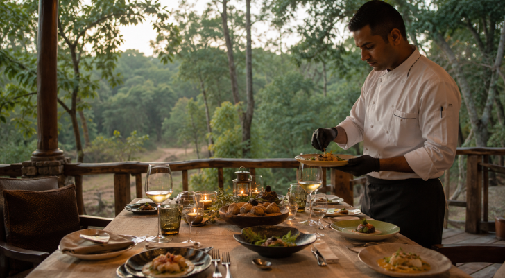 Chef in white uniform plates food at an outdoor fine-dining table set with candles and glassware in a forested setting at dusk.