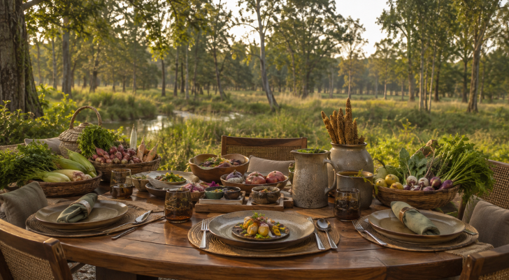 Outdoor rustic dining table set for a meal in a sunlit forest, with plates, bread, and bowls of vegetables.