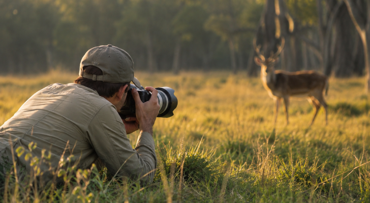 Wildlife photographer lying in grass, aiming a DSLR at a gazelle in a sunlit field at golden hour.