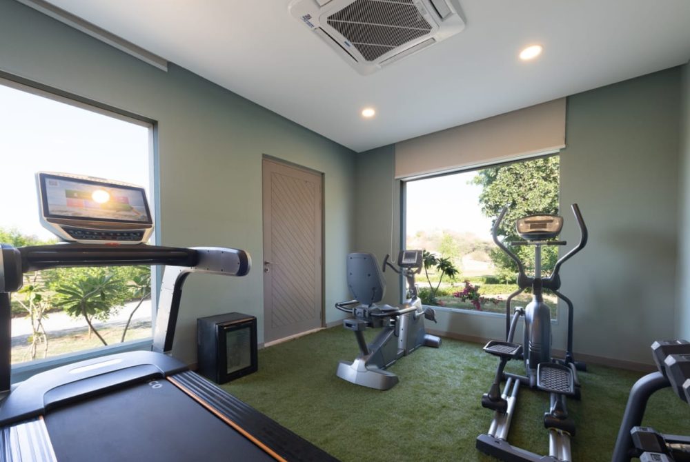 Cardio equipment in a sunlit home gym: treadmill, stationary bike, and elliptical on green carpet by large windows outside view