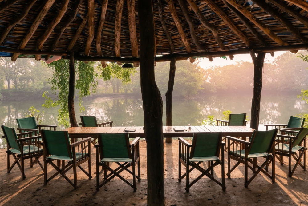 Outdoor thatched-roof dining area by a calm lake, wooden table and green chairs surrounding it.