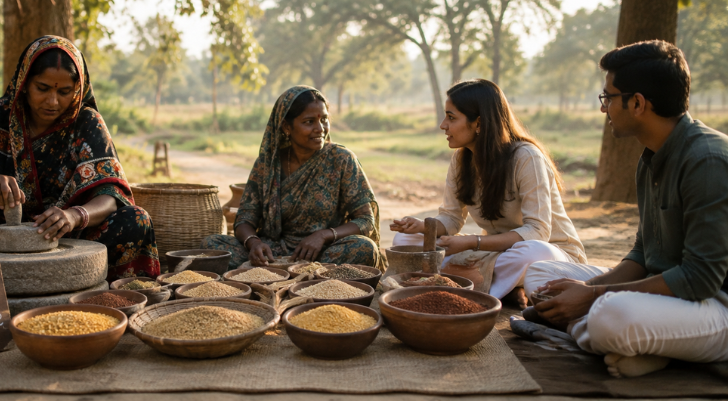 Five people sit on a mat outdoors, grinding spices with stone grinders and bowls of various spices nearby.