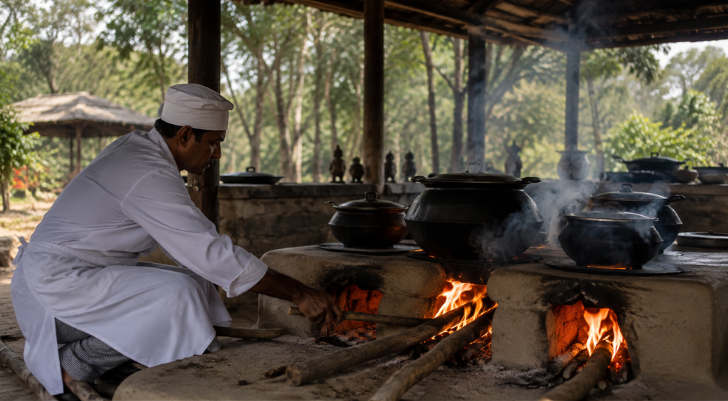 Chef in white attire tending a wood-fired stove with clay pots under a thatched shelter.