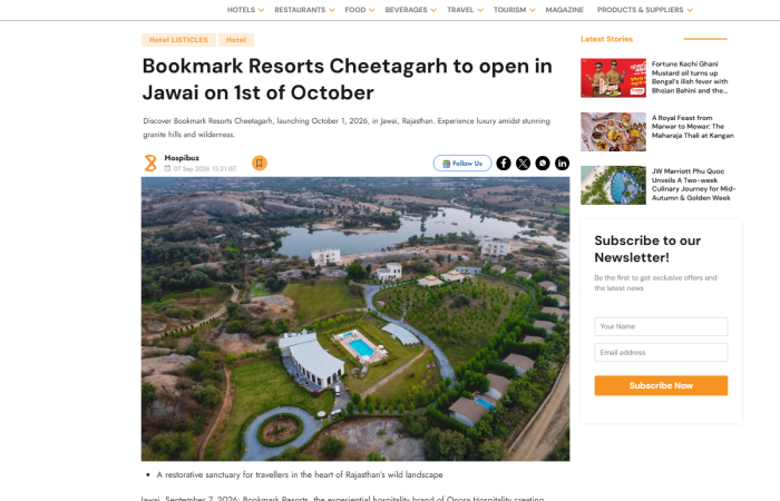 HospiBuz, featured Bookmark Resorts, Cheetahgarh, Jawai ahead of its Grand Opening in October 2026 HospiBuz, featured Bookmark Resorts, Cheetahgarh, Jawai ahead of its Grand Opening in October 2026