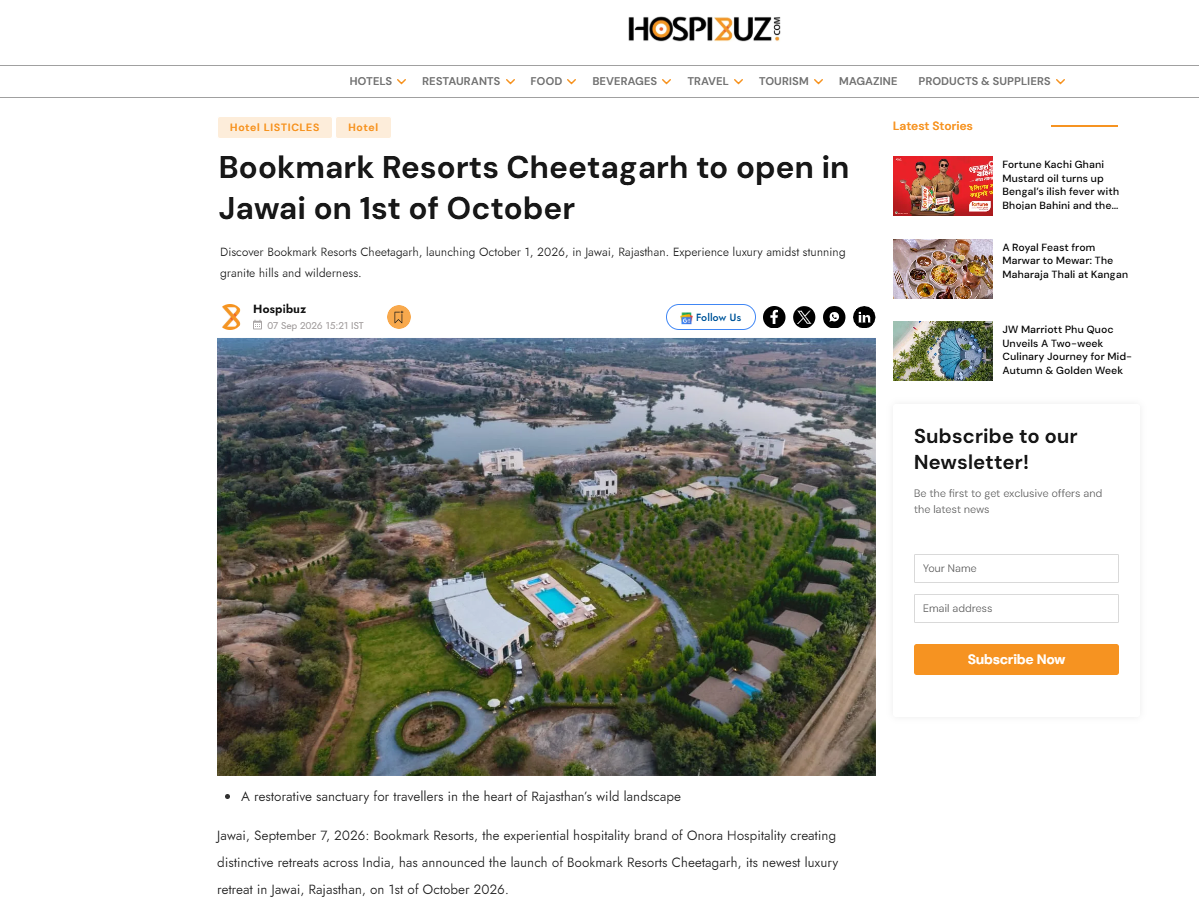 HospiBuz, featured Bookmark Resorts, Cheetahgarh, Jawai ahead of its Grand Opening in October 2026