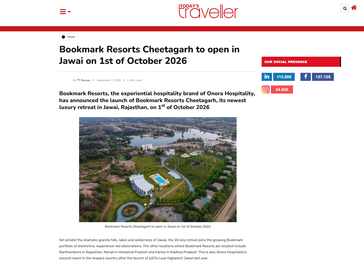 Today’s Traveller, featured Bookmark Resorts, Cheetahgarh, Jawai as a New Luxury Wilderness Retreat in Rajasthan