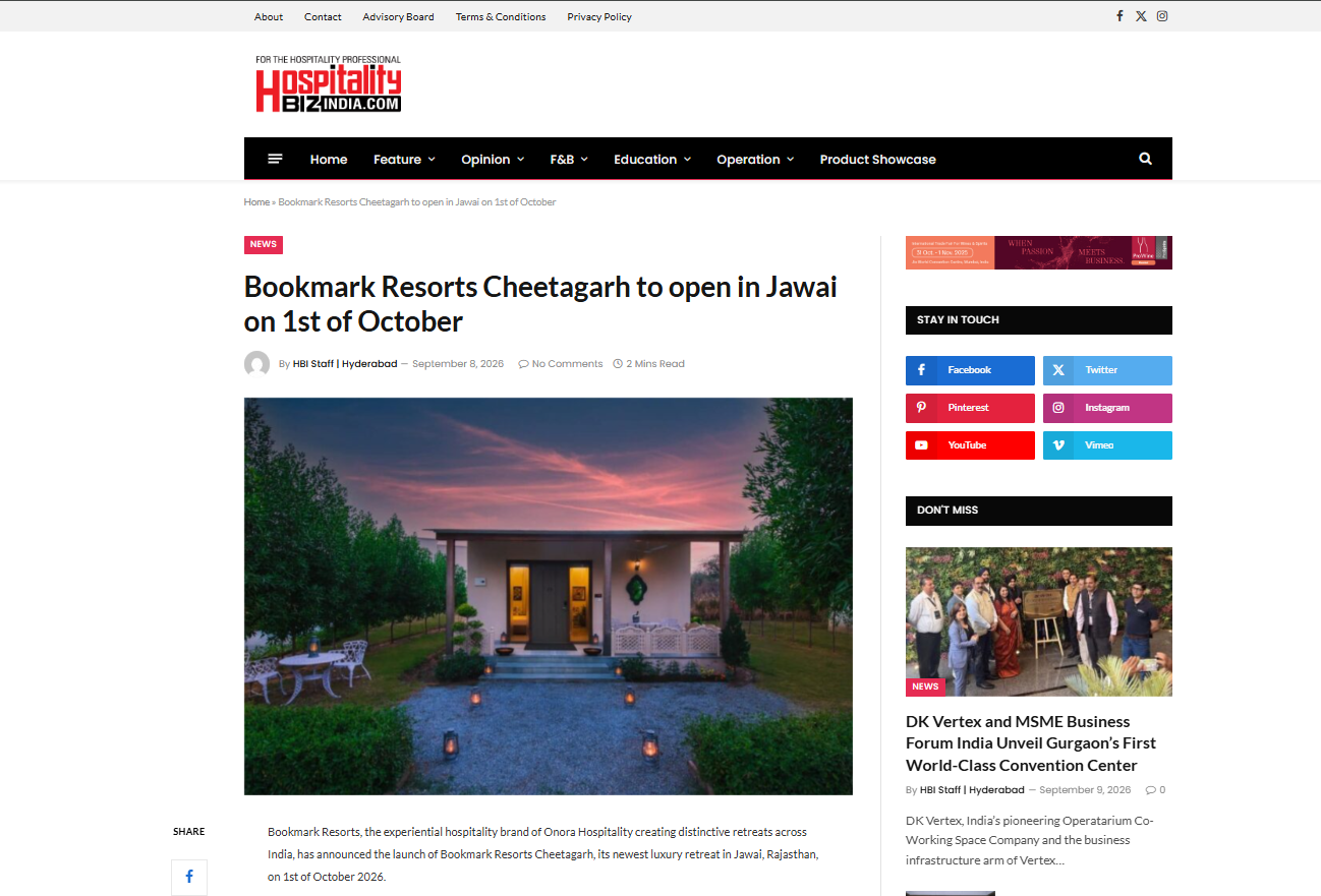 Hospitality Biz India, featured Bookmark Resorts, Cheetahgarh, Jawai as a New Luxury Retreat in Rajasthan