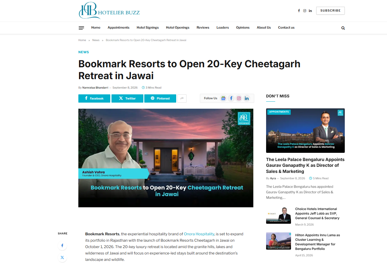 Hotelier Buzz, featured Bookmark Resorts, Cheetahgarh, Jawai as a New 20-Key Luxury Retreat in Jawai Hotelier Buzz, featured Bookmark Resorts, Cheetahgarh, Jawai as a New 20-Key Luxury Retreat in Jawai