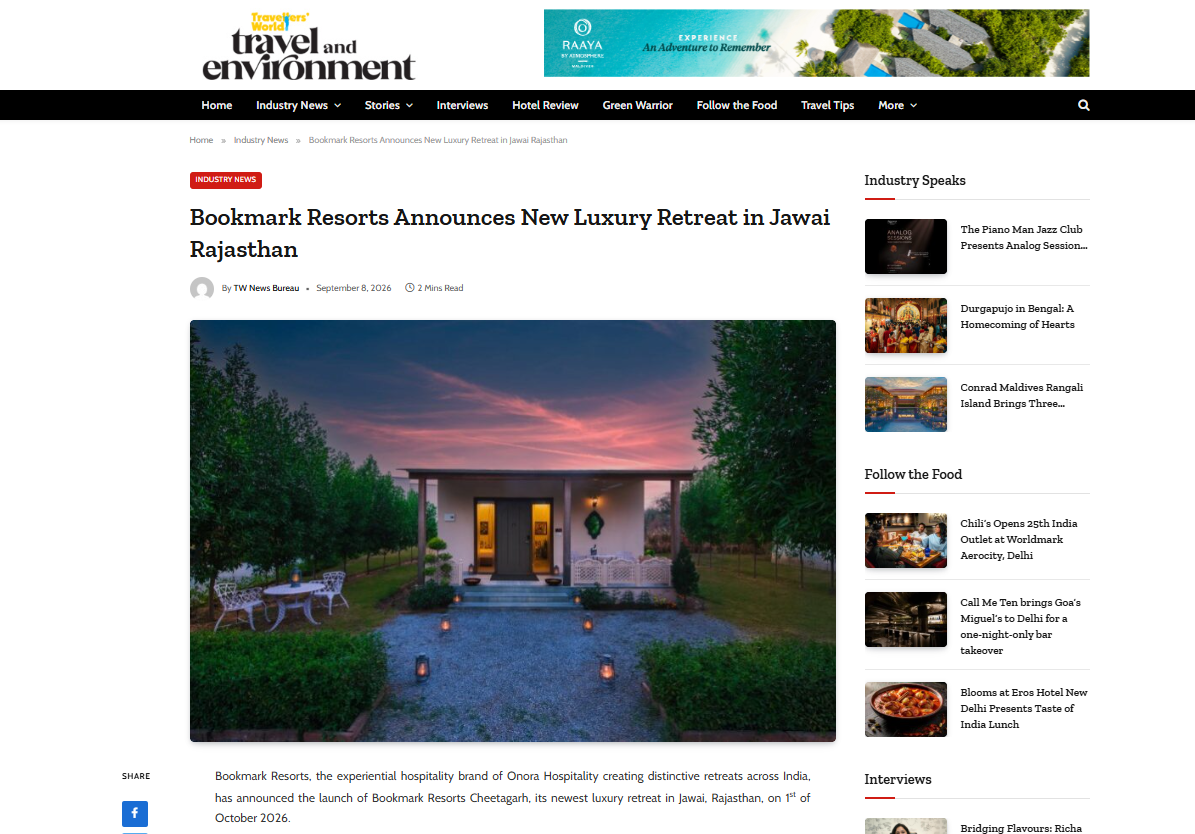 Travellers World Online, featured Bookmark Resorts, Cheetahgarh, Jawai as a New Luxury Retreat in Rajasthan