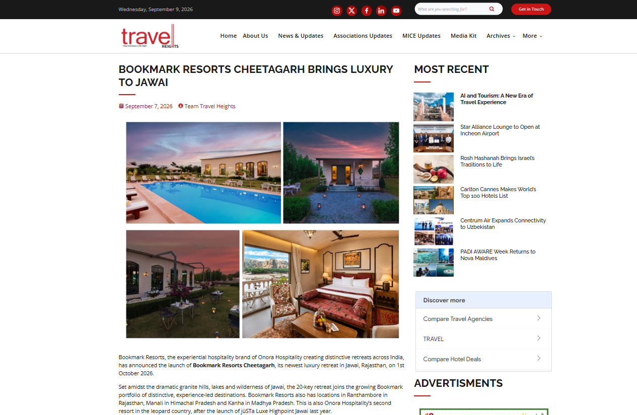 Travel Heights featured Bookmark Resorts, Cheetahgarh, Jawai as a Luxury Retreat in Jawai’s Leopard Country