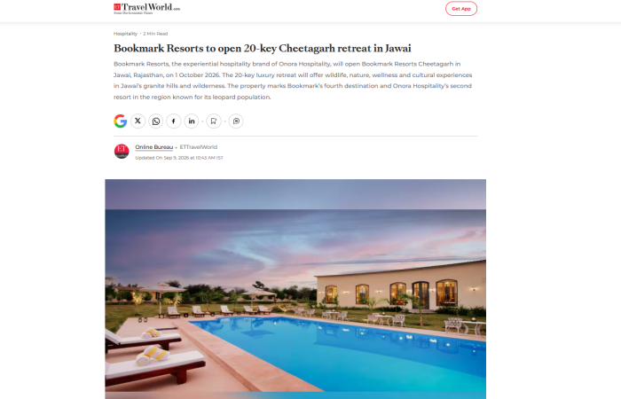 ET TravelWorld featured Bookmark Resorts, Cheetahgarh, Jawai as a New 20-Key Luxury Retreat in Rajasthan