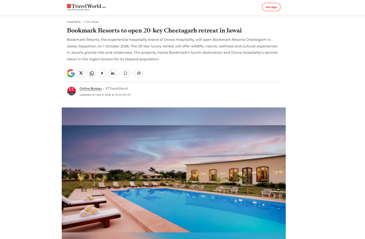 ET TravelWorld featured Bookmark Resorts, Cheetahgarh, Jawai as a New 20-Key Luxury Retreat in Rajasthan ET TravelWorld featured Bookmark Resorts, Cheetahgarh, Jawai as a New 20-Key Luxury Retreat in Rajasthan