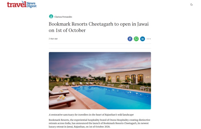 Travel News Digest, featured Bookmark Resorts, Cheetahgarh, Jawai ahead of its October 2026 Opening