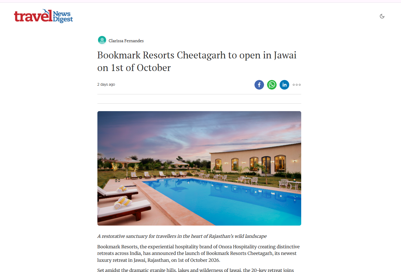Travel News Digest, featured Bookmark Resorts, Cheetahgarh, Jawai ahead of its October 2026 Opening
