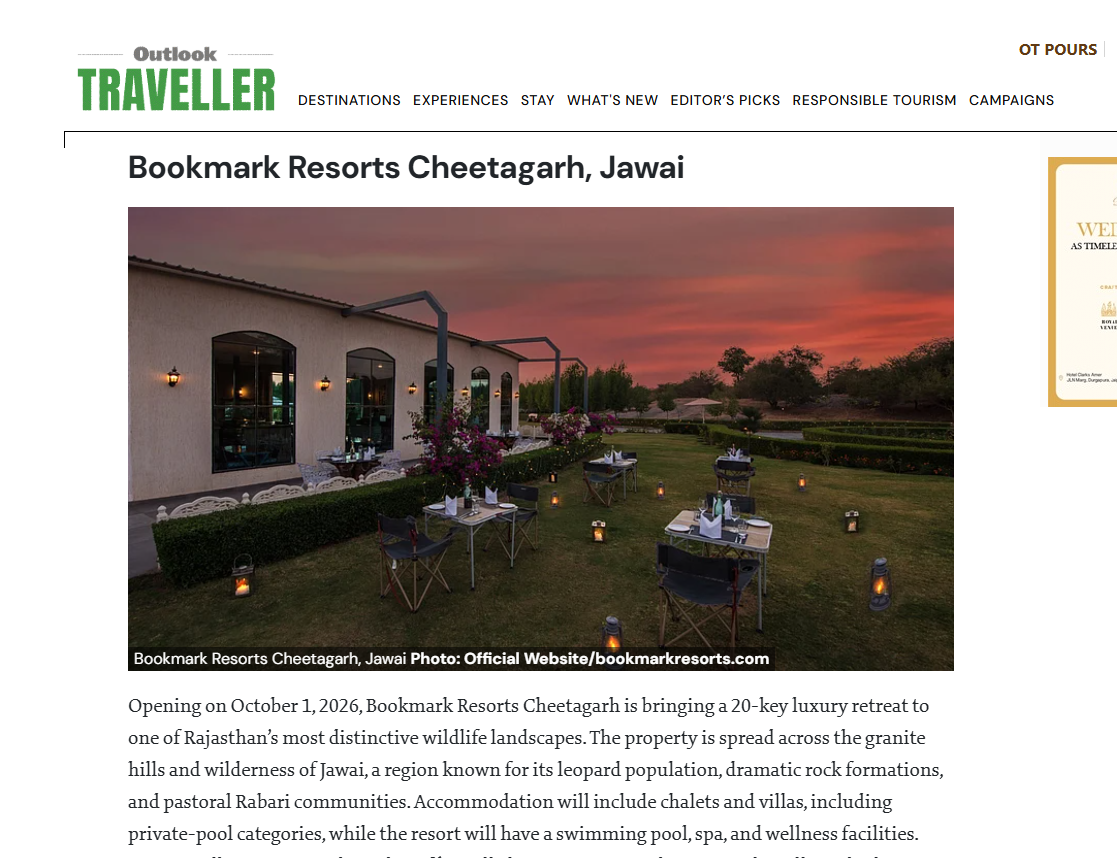 Bookmark Resorts Cheetahgarh, Jawai Featured in Outlook Traveller’s Top Luxury Hotels Opening in India in 2026 Bookmark Resorts Cheetahgarh, Jawai Featured in Outlook Traveller’s Top Luxury Hotels Opening in India in 2026